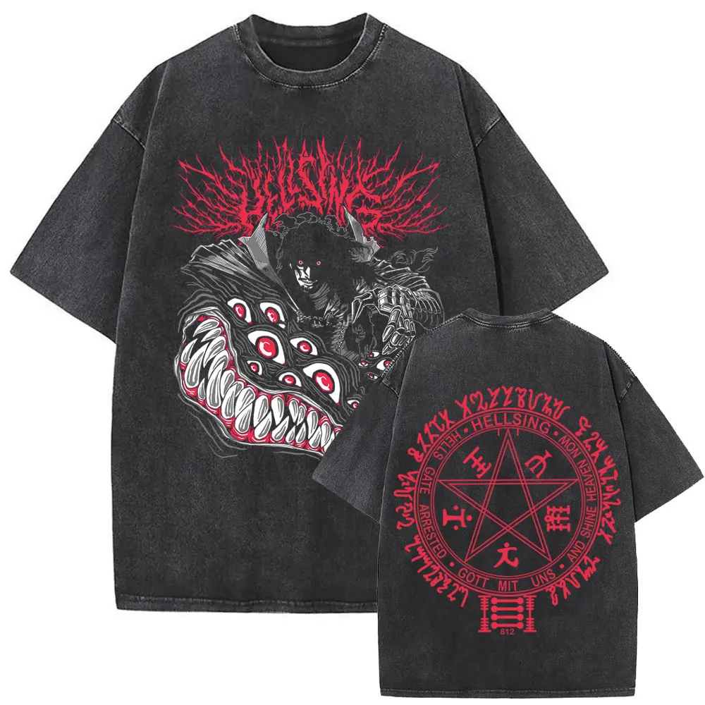 Washed Vintage Anime Hellsing Abraham Van Helsing Vampire Alucard Double Sided Print T-shirts Men's 90s Manga Oversized T Shirts