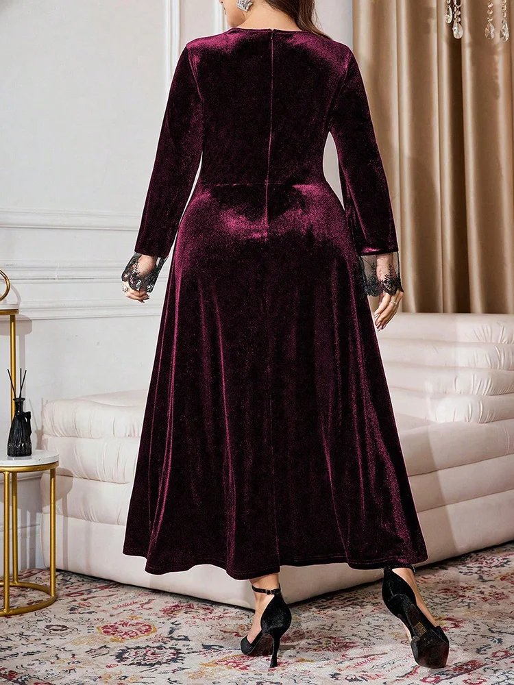 GIBSIE Plus Size Retro Contrast Lace Buttons Velvet Dress Women 2026 Autumn Winter Elegant High Waist A-line Party Long Dresses
