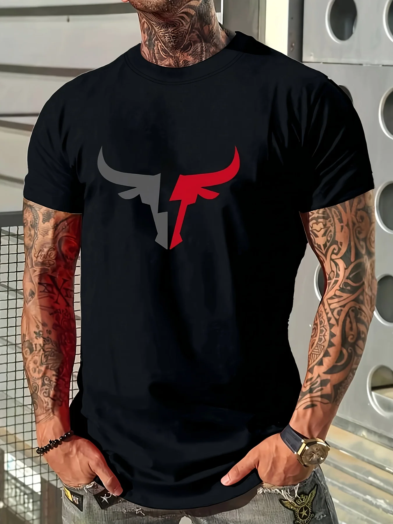 

Breathable Cotton Bull Print Casual Summer Short Sleeve T-Shirt For Men, Loose Fit Round Neck For Outdoor Sports