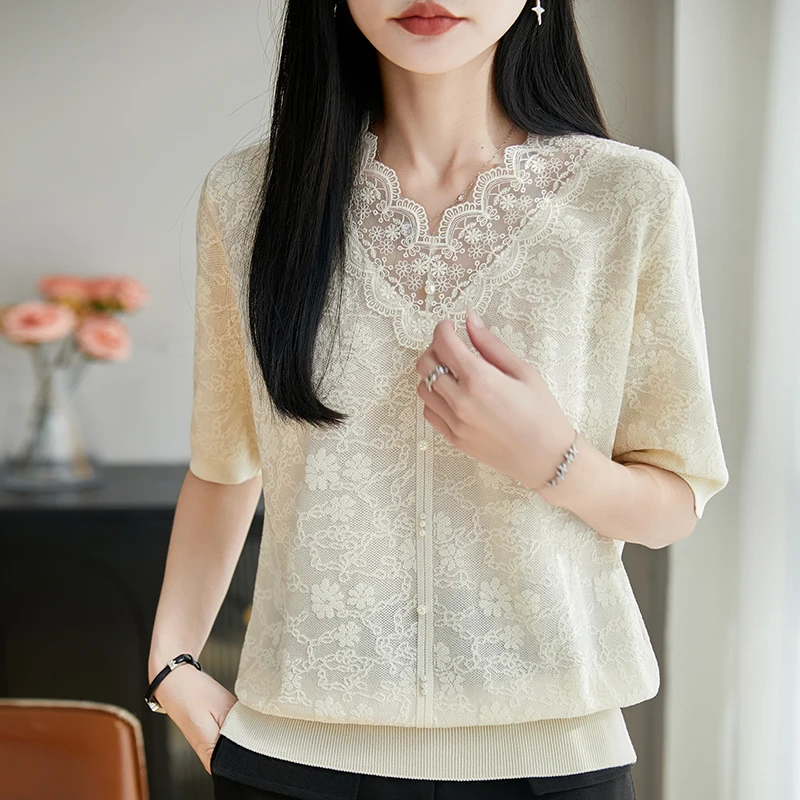 2026 Summer New Women's Short Sleeve V-neck Knitted T-shirt Solid Color Women's Pullover Short Sleeve Fashion Hot Sale