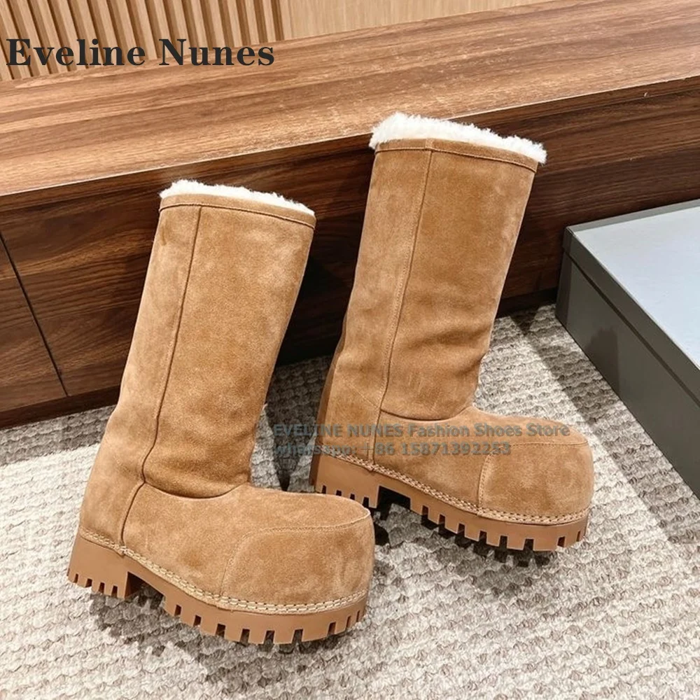 Brown Big Round Toe Fur Knee-High Boots Thick Sole Pull On Warm Winter Couple Plus Size Snow Boots 2024 New Arrivals Comfortable