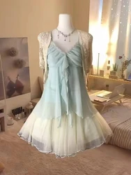Japanese Kawaii Y2k 2 Piece Set Woman Lace Sexy Slim Tops + Cute Sweet Cake Mini Skirt Lolita Style Fashion Suit Spicy Girls