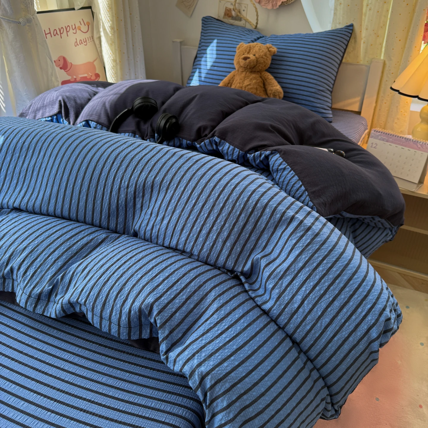 3/4PCS Bedding Set Blue Stripes Soft Comfortable Duvet Cover Set Sheet Set for Home Bedroom Deocr Birthday Gift Machine Washable