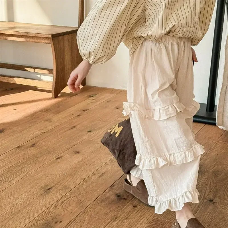 

2024 Spring and Summer Children Clothing Korean Spring Lace Wide-leg Pants Nine-point Pants Girls Spring Pants Princess Style