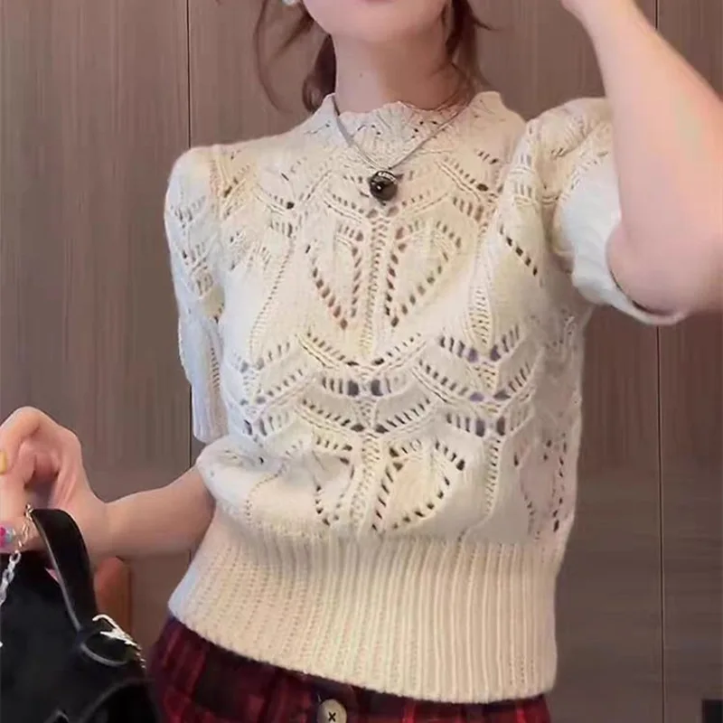 Korean new fashion foreign style hook flower hollow-out short-sleeve knitted sunscreen sweater jumper female