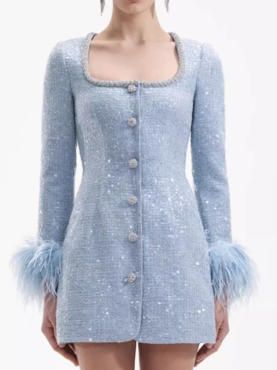

Cuff Feathers Ladies Blue Tweed Dress Single Breasted Square Collar Long Sleeve Elegant Slim Mini Robe