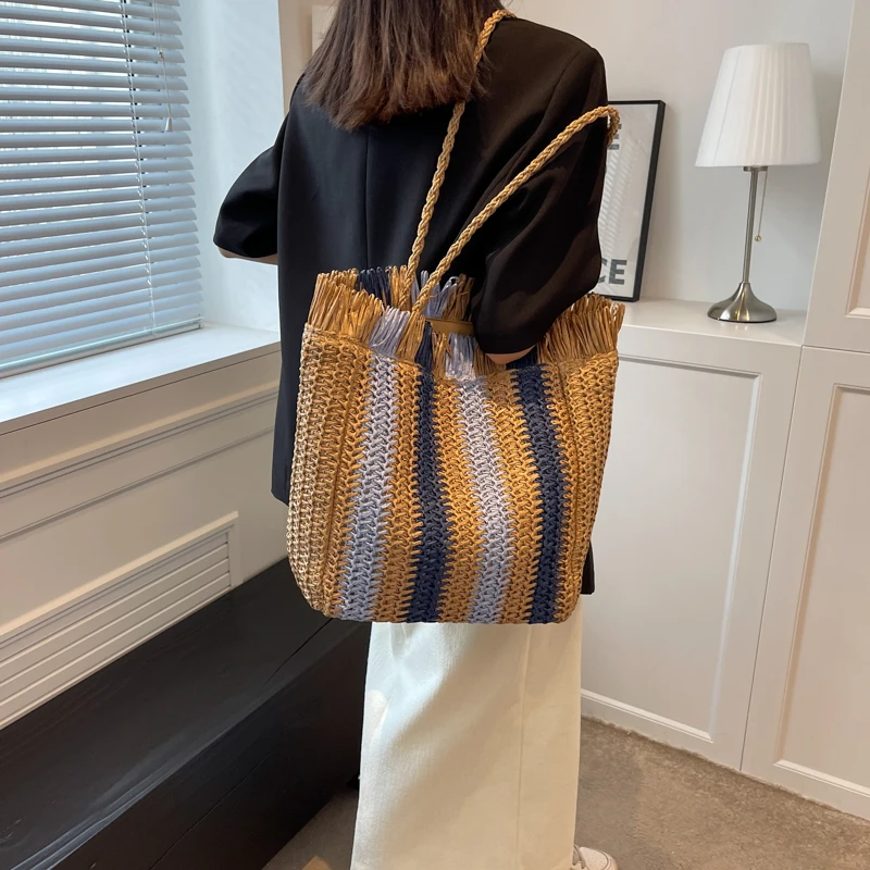 Fashion Straw Woven Shoulder Bag Stripes Handmade Summer Beach Top-handle Handbag Travel Holiday Women Vacation Shopper Totes