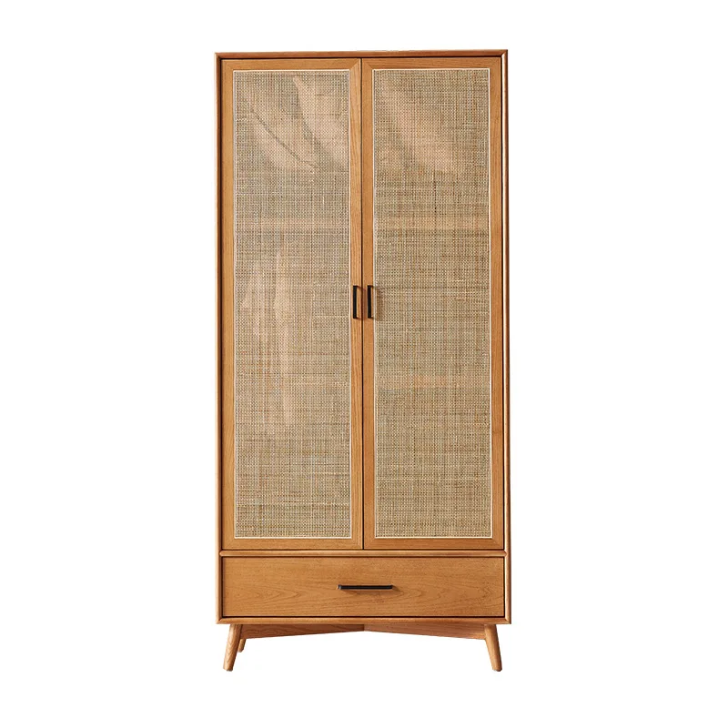 

Rattan solid wood, wardrobe wabi-sabi wind, bedroom home, retro double door, with pumping partition, storage cabinet
