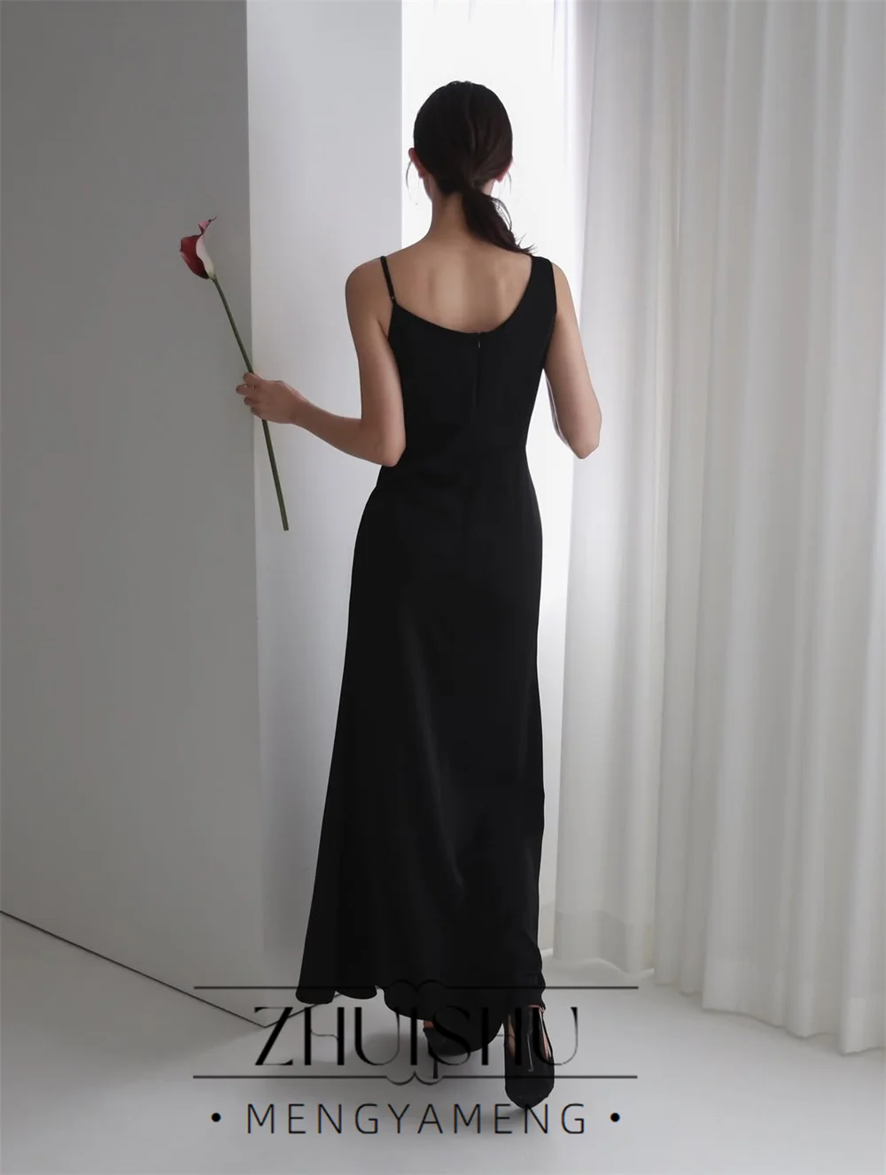 ZHUISHU Simple Black Sheath Wedding Dress Korea Photo Shoot V-Neck Women Spaghetti Straps Pleat Bridal Gowns Customized 웨딩드레스