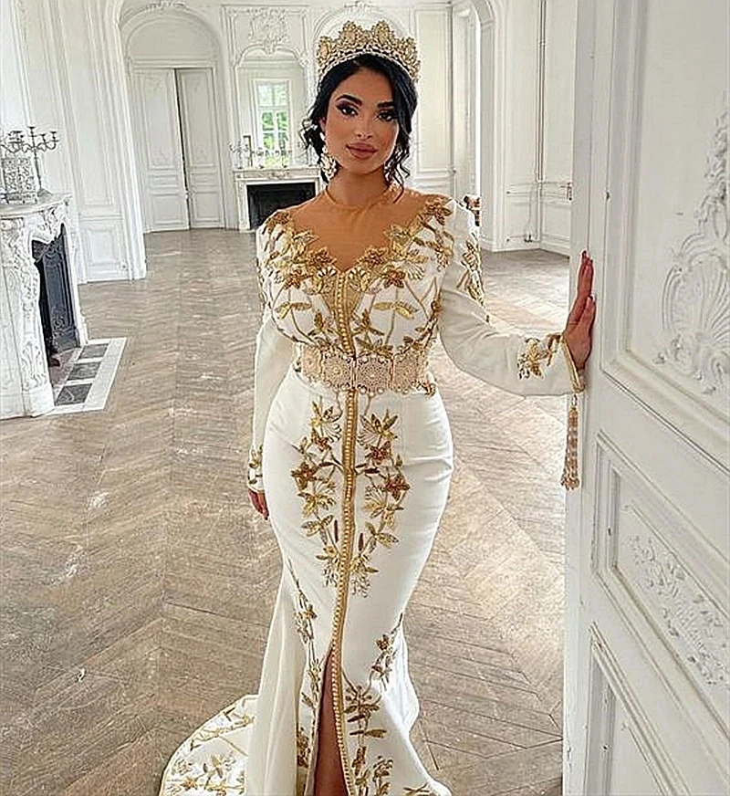 Sheer Moroccan Caftan Formal Evening Dresses Mermaid Long Sleeves Appliques Prom Dresses Arabic Party Dresses Customized