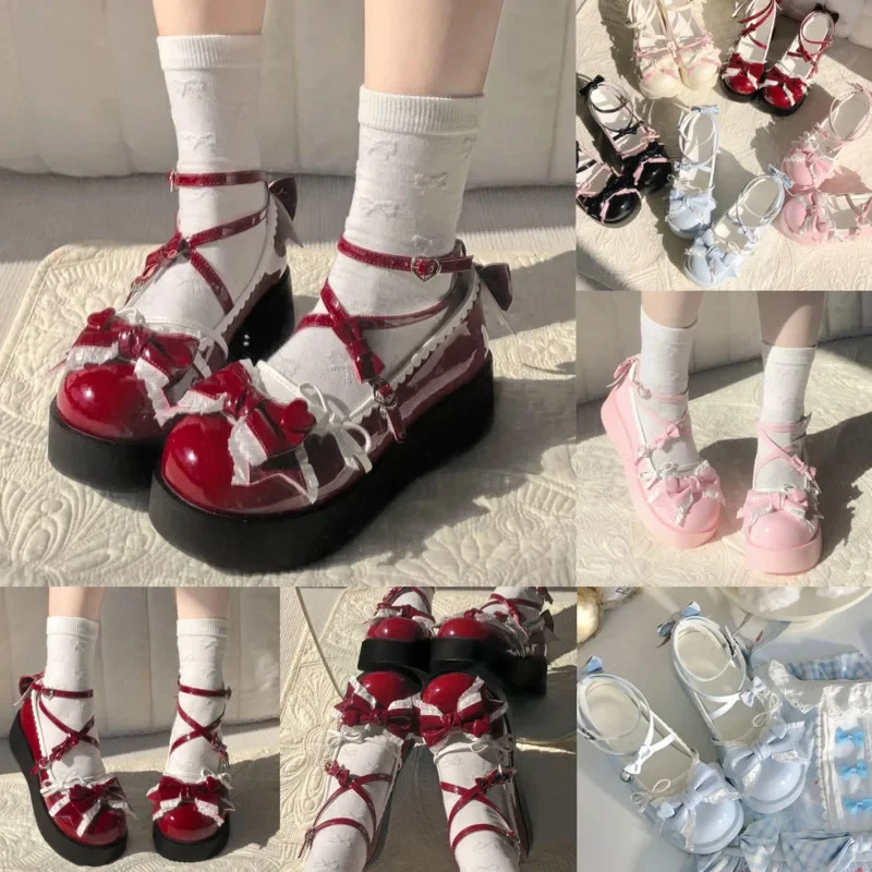 Mary Jane Shoes Bow Y2K Lolita Cute Platform Pumps Thick Sole Heart Bowknot Pumps Height Increasing Shoes Women Yellow Blue New