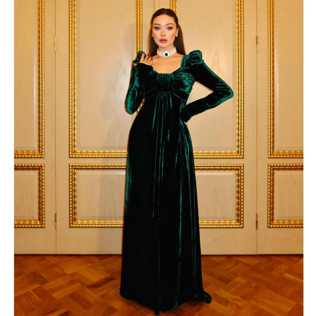 

Green Velvet Evening Dresses Long Sleeves vestidos de noche Exquisite Prom Dress Formal Wedding Party Gown Customized