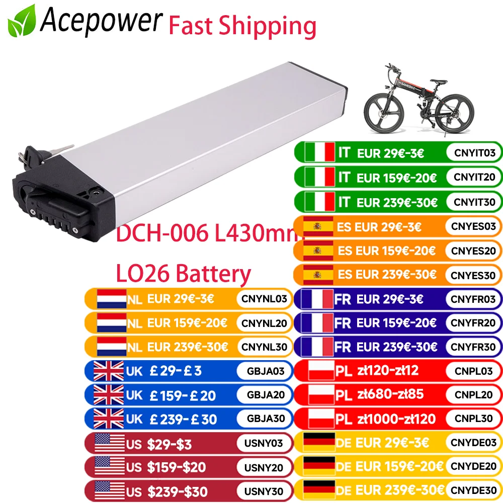 Folding E Bike Battery 48V 10.4Ah 12.8Ah 14Ah Amp DCH 006 for Samebike LO26 20LVXD30 XP2.0 Folding Electric Bicycle Batteries