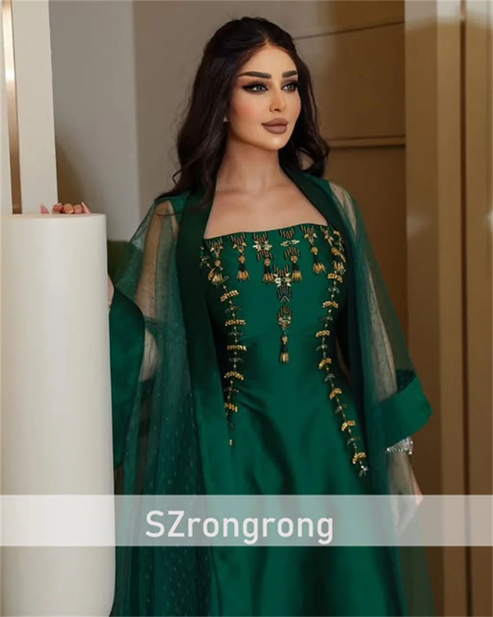 وعVestido de noche modesto con cuello barco y cuentas de satén para novia, largo hasta el suelo, vestido musulmán sin espalda, hecho a medida