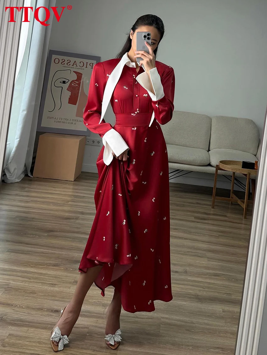 

TTQV Fashion Loose Print Women's Dress Elegant Lapel Long Sleeve Ankle Length Dresses Casual Classic High Waist Female Dress