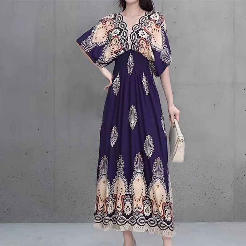 

Bohemia Romantic Holiday Party Long Dress Colorful Flower Woman New In Clothes Elegant Chic Midi Dress Fashion Vintage Summer