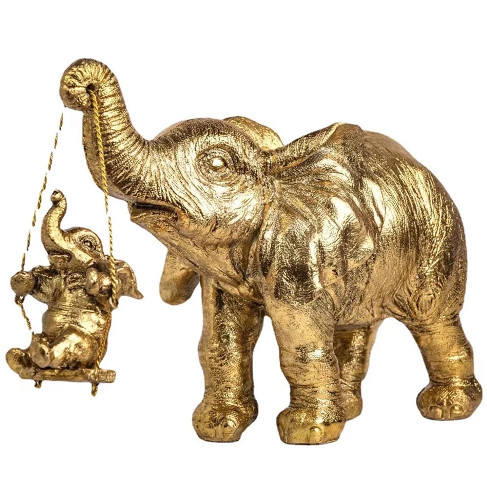 Golden Silver Playing Swing Elephant Statue For Home Decor Animal Sculptures Mom Child Elephant Mother's Day Figurine Decorative