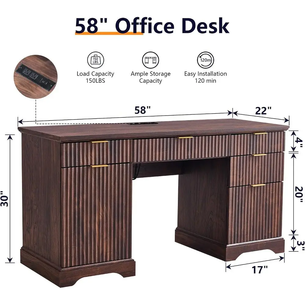 58 Walnut Executive Desk with 5 Drawers and 1 Cabinet, Built-in Outlet for Computer Writing Desk or Study Area