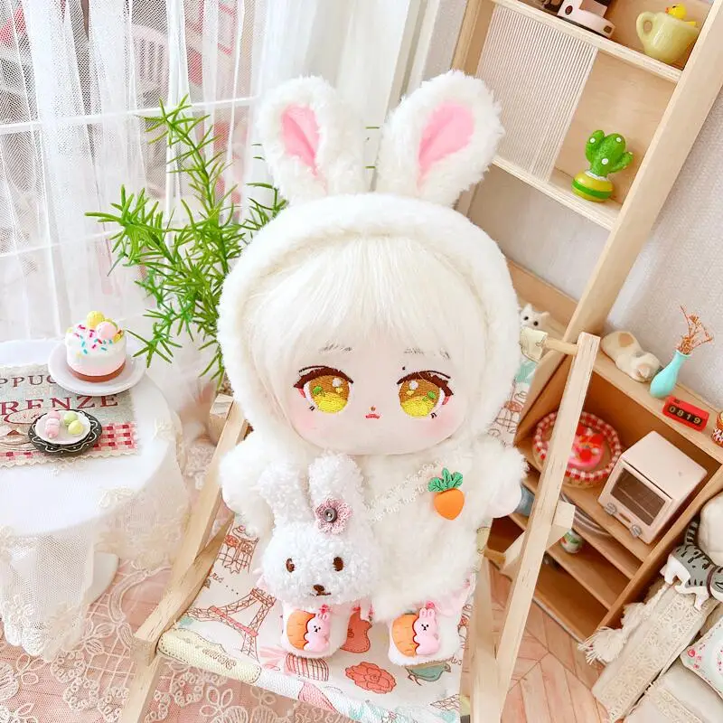 

20cm Cute White Carrot Bunny Fluffy Coat Suit Doll Clothes DIY Kawaii Stuffed Soft Idol Cotton Plush Doll for Girls Kids Gifts