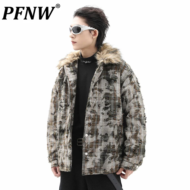 PFNW American Cleanfit Removable Fur Collar Parkas Jacket Men's Winter Thickened Camouflage Plaid Cotton-padded Coat New CPG2185