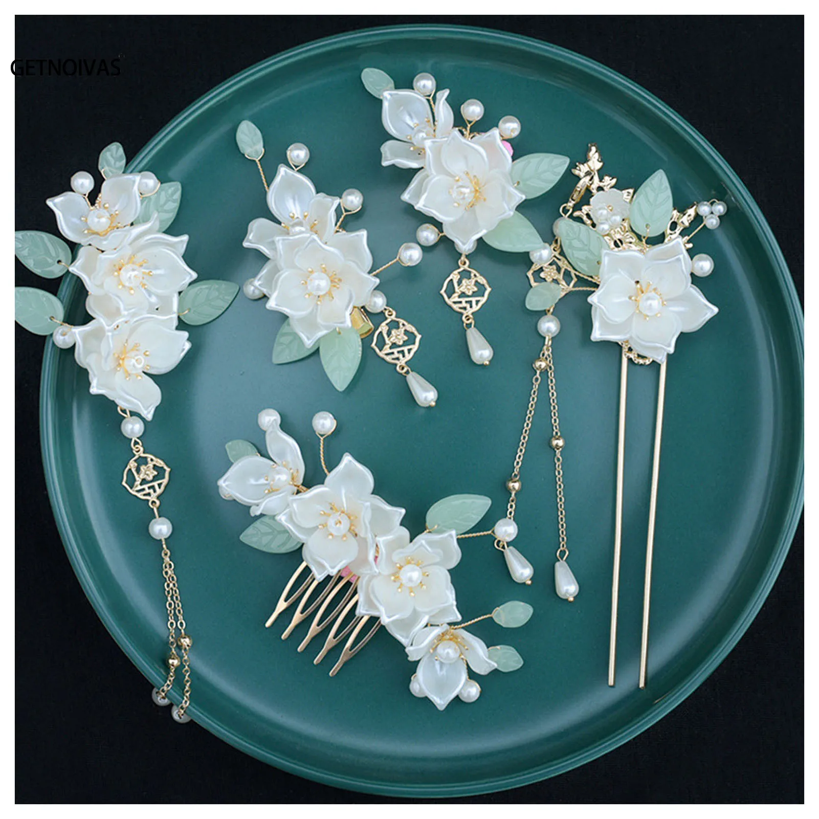 

Chinese Wedding Jewelry Set Floral Hair Clip Hair Sticks Haircomb Women Vintage Pear Hairpin Retro Hanfu Hair Accessories