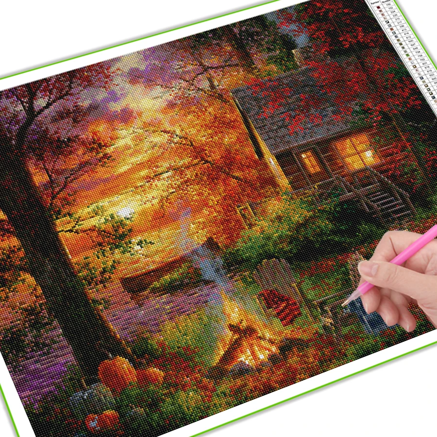 Autumn Scenery Diamond Painting Cross Stitch Kits Camping Bonfire 5d Diy Full Mosaic Embroidery Lake House Home Decor AA3856