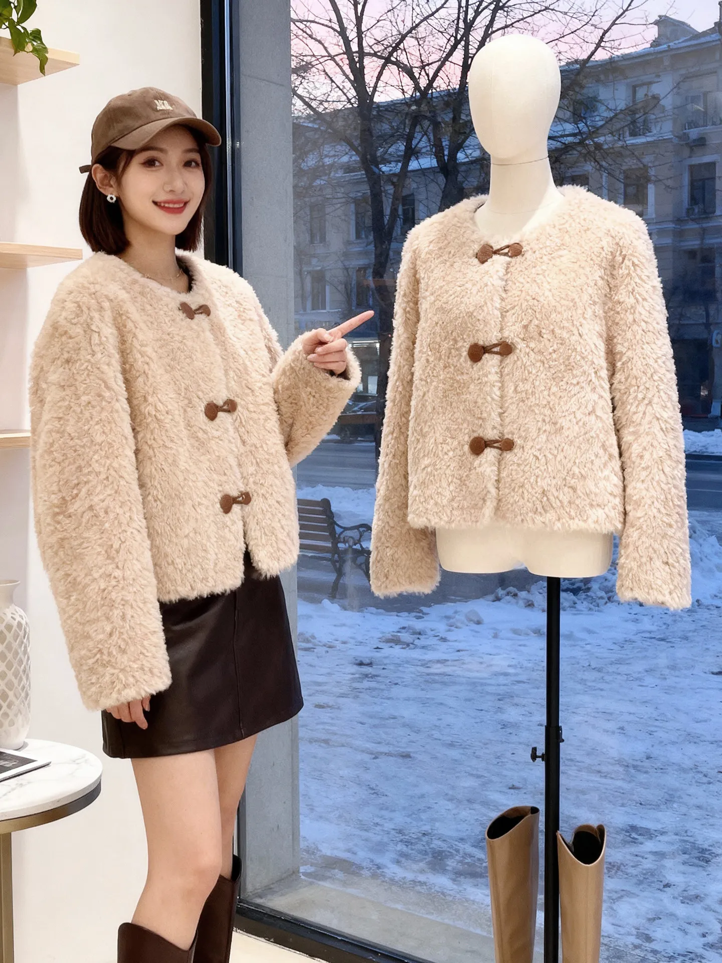 Haining fur women's short sheep shearing granular real wool composite fur integrated lamb wool young coat winter