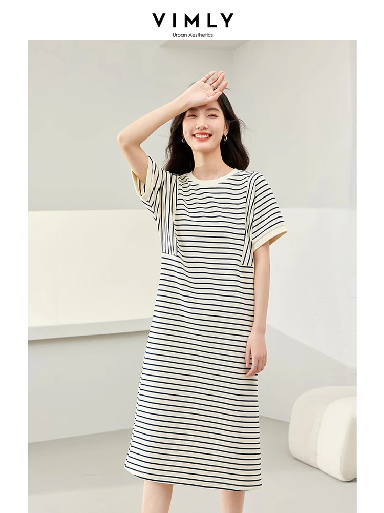 

Vimly Simple Striped Spliced Summer Short Sleeve Dress 2024 O-Neck Casual Straight Loose Midi Dresses for Women Clothing M6823