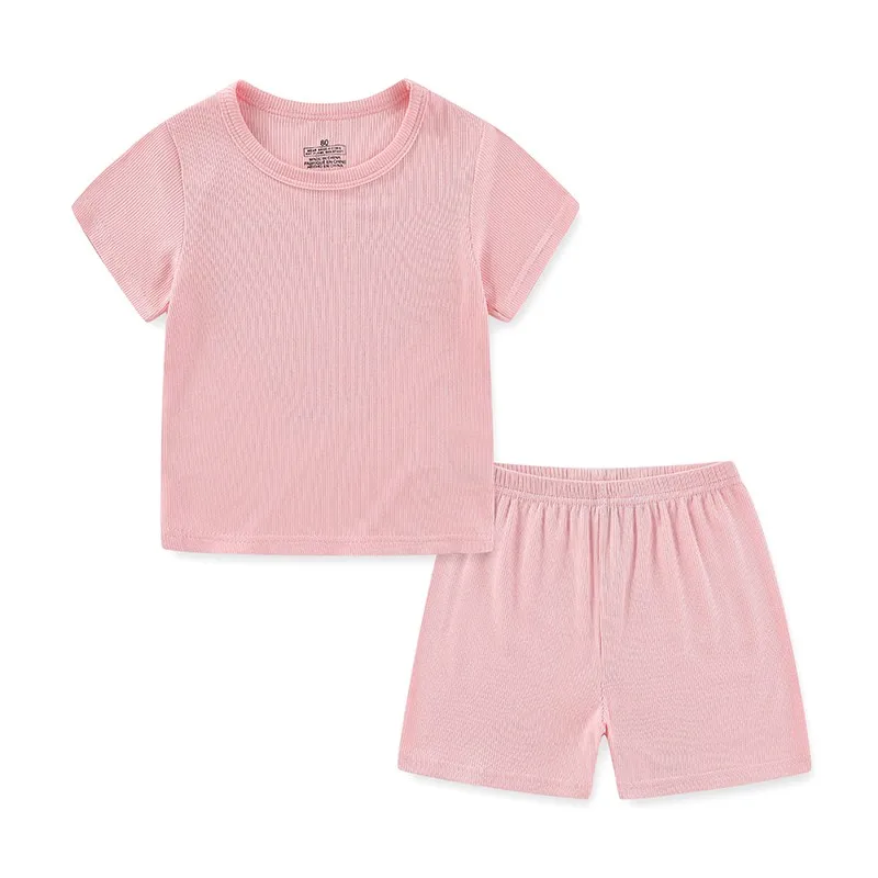 2 Pieces Solid Color Boy Sets 12M-5T Cotton Tops+Shorts Short Sleeve Girl Pajama Sets Active Casual Summer