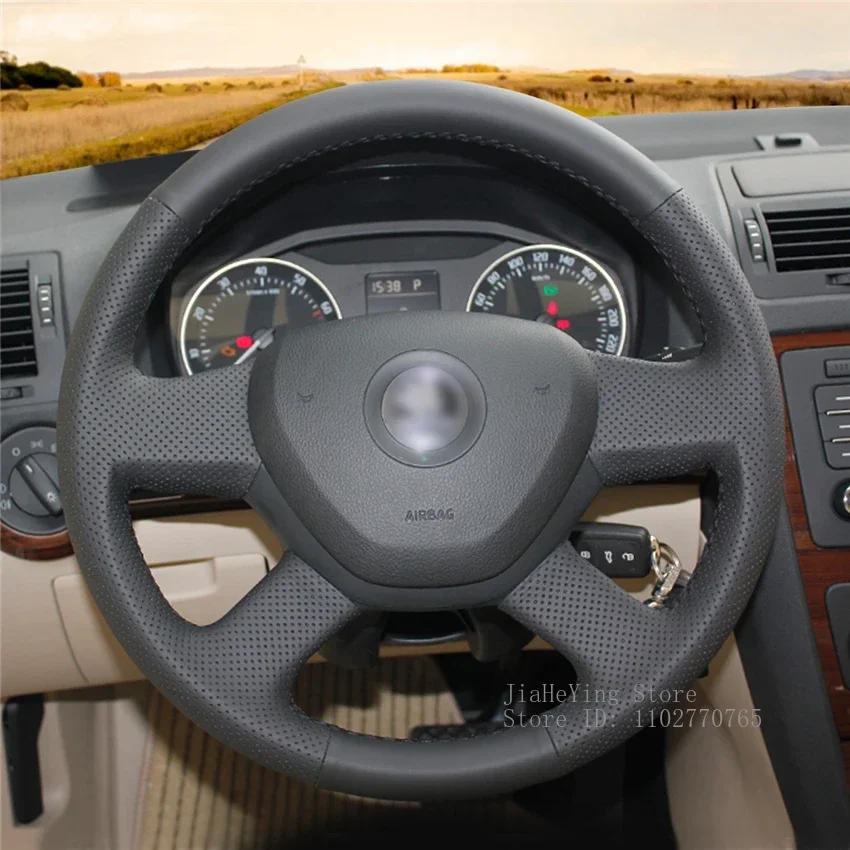 

DIY Hand-Stitched Non-slip Durable Black Artificial Leather Steering Wheel Cover for Skoda Octavia Fabia Interior Accessories
