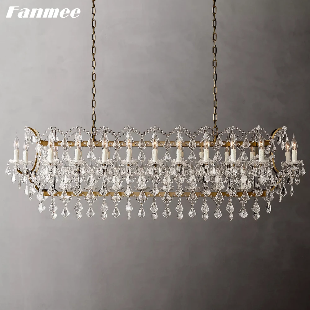 

Luxury Brass Chandelier Lighting for Dining Room Rococo Rectangular Clear Crystal Hanging Lights Modern LED Candle Lustre Lamps