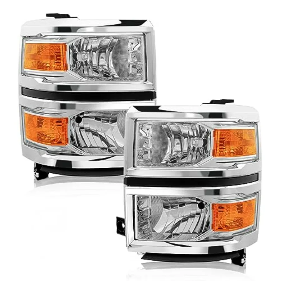 

for 2014-2015 Chevy Silverado 1500 Pickup Headlights Assembly Halogen Factory OE Style Chrome Housing Replacement Driver and Pa