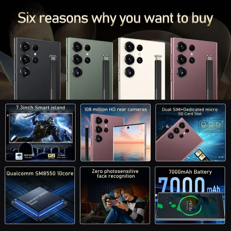 S24 Ultra Mobile Phones 7.3 HD Screen SmartPhone Original 22GB+2TB 4G 5G Dual Sim Celulares Android Unlocked 7000mAh S25 Ultra