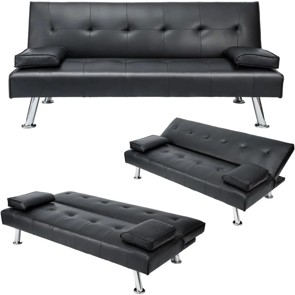 3 Seater Modern Sofa Beds with Upholstered Convertible Couches and Adjustable Sofas in Black PU Leather for Living or Guest Room