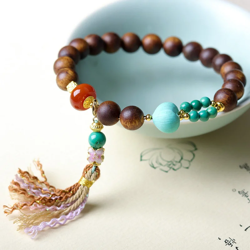 Fragrant long-lasting yellow Qinan agarwood round bead bracelet, ornamental item with rhodochrosite and turquoise, Guochao s