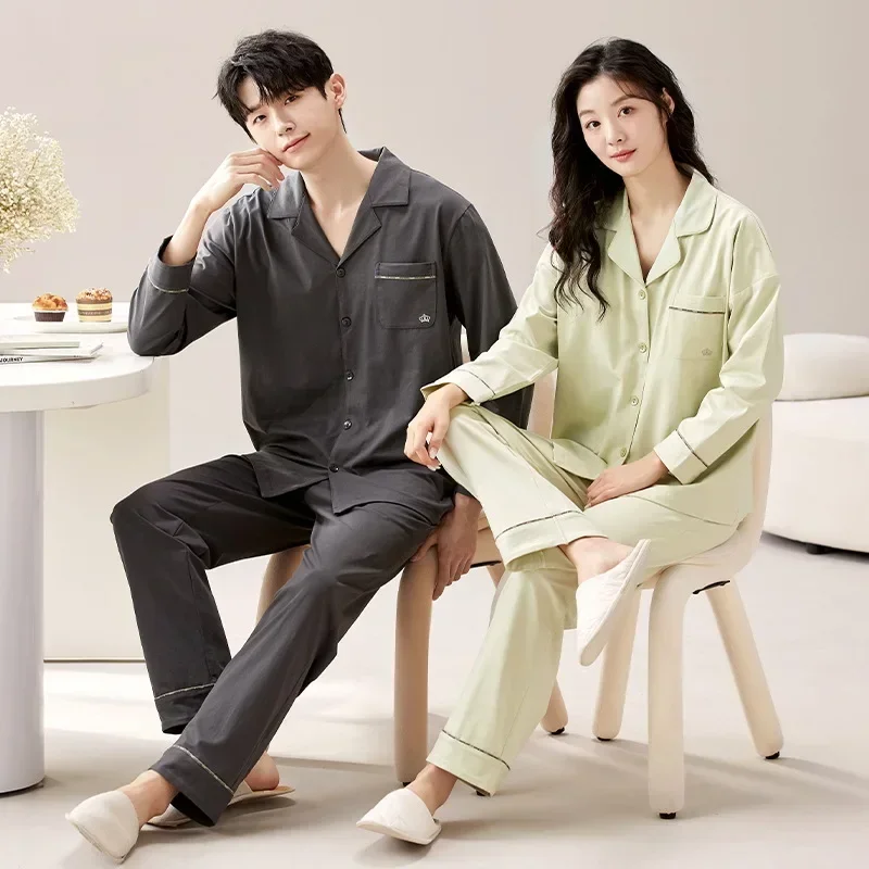 Korean Cotton Nightwear Couples Spring Men Long Pajamas Women Cardigan Fashion Loose Sleepwear Solid Pjs Pyjamas pijama mujer