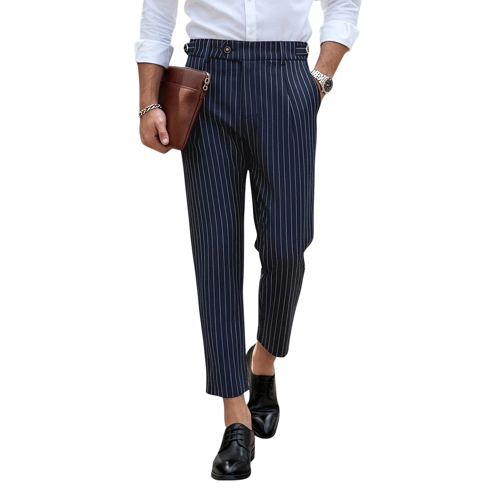 Men's Mid Waist Striped Suit Pants Adjustable Side Buckle Regular Fit Cropped Trousers Business Formal Pants With Pockets