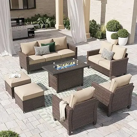 Outdoor Patio Furniture  Wicker Conversation Set with Lift Coffee Table Sectional Dining Set  with Loveseat Ottoman, Cushion