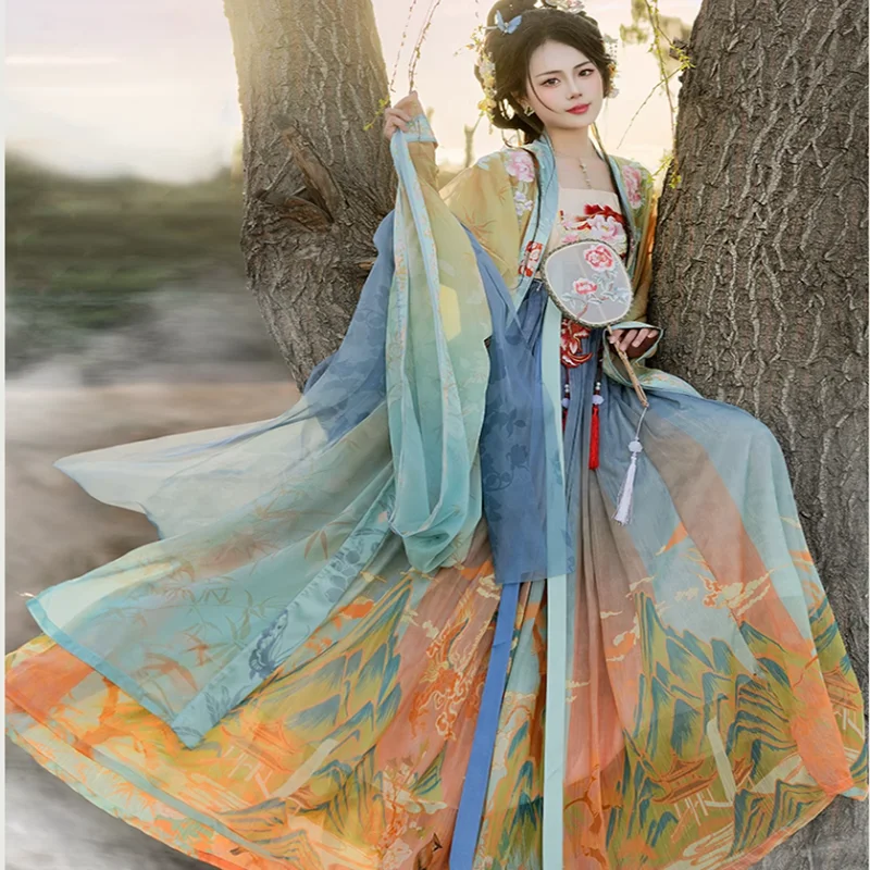 Vestido Hanfu chinês para mulheres, fantasia de cosplay, roupa de festa, vintage tradicional antigo, dinastia Tang, roupas Hanfu estampadas, verão