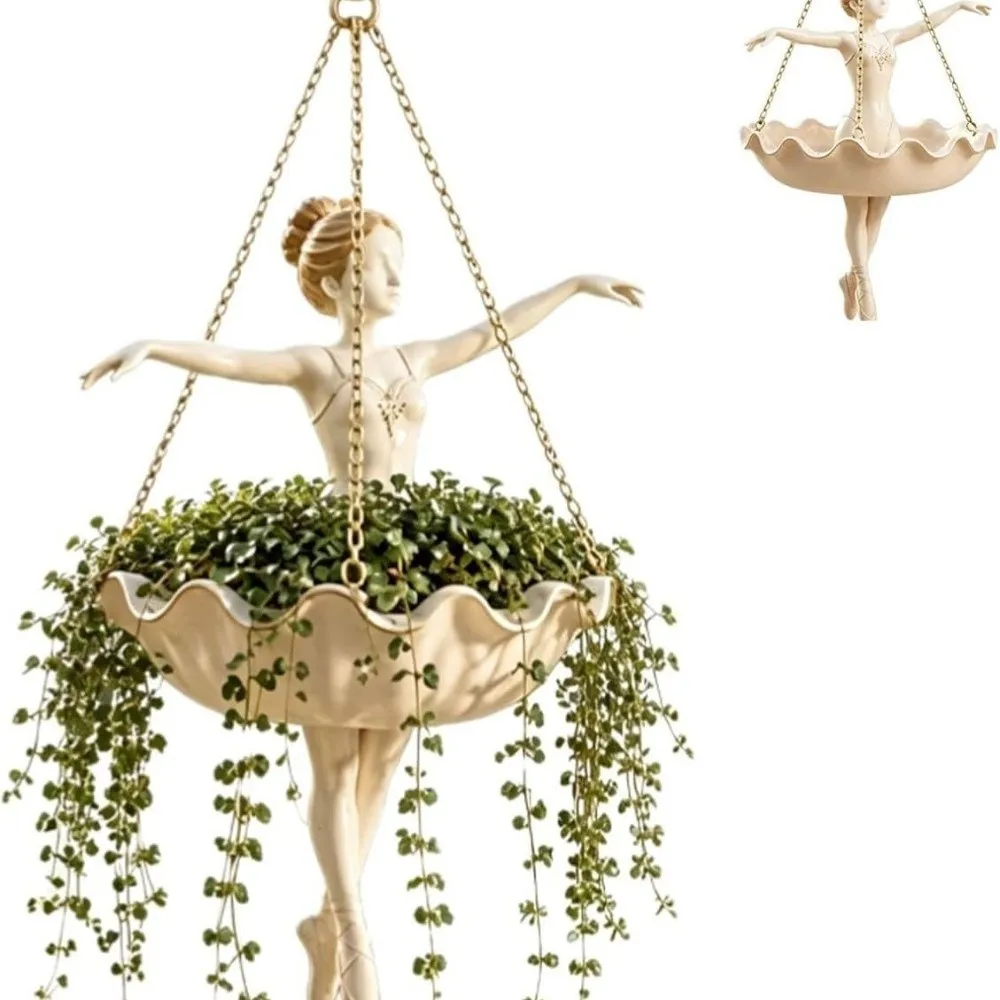 Resin Ballet Dancer Hanging Planter Whimsical Elegant Ballerina Figure Fairy Flower Pot Hand Carved Vintage Flower Container