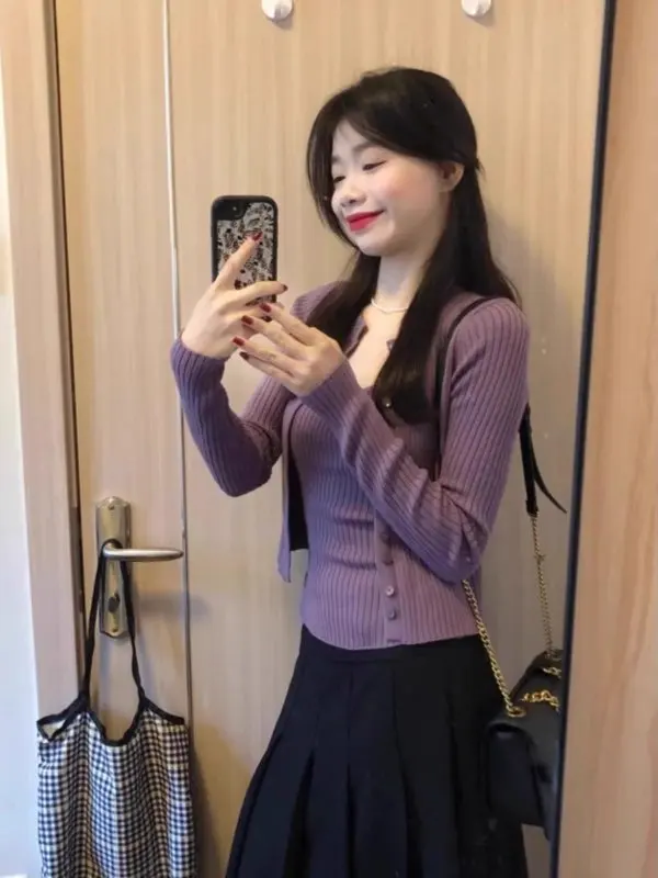 

Spring Early Soft Wind Purple Short Knitted Cardigan Women's Slim Fit Camisole Inner Wear Two Piece Set Fashionable Commute S...