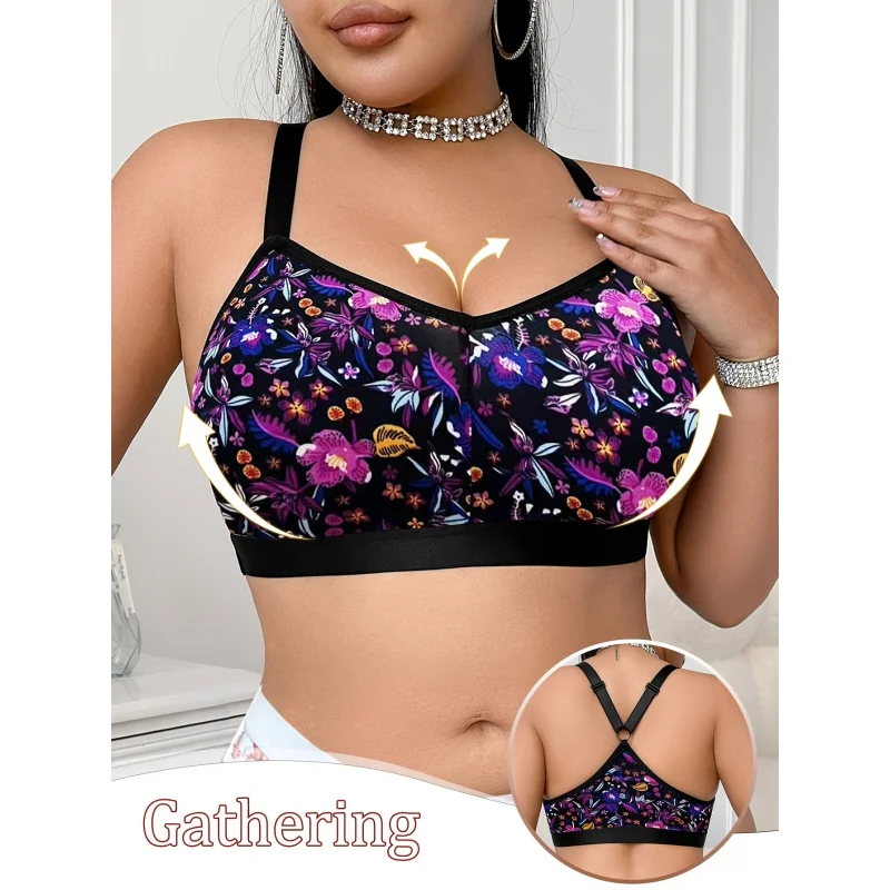 

Floral Print Plus Size Women'S Bra, Wireless Casual Comfortable Underwear with Back Smoothing Thin Style