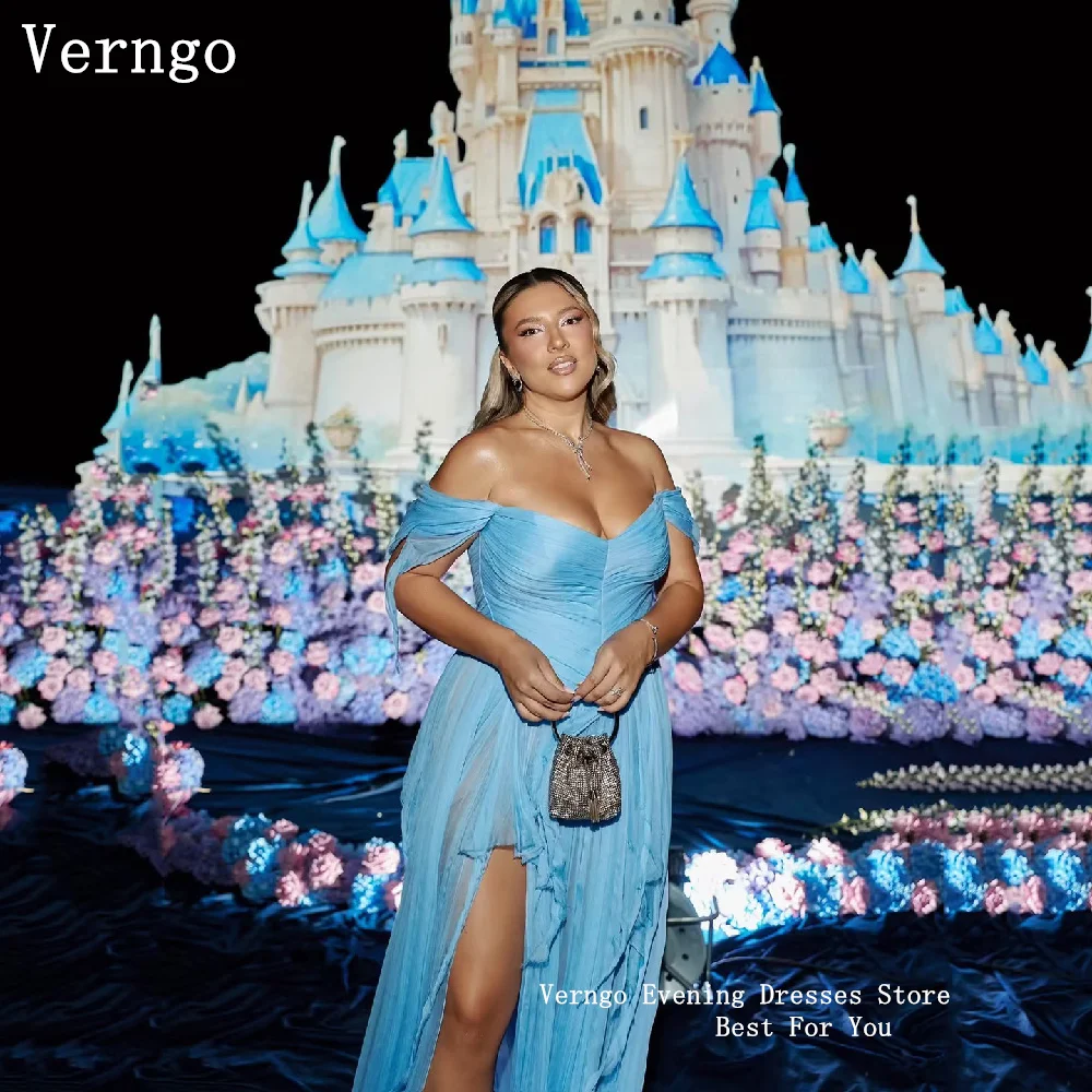 Verngo Sexy Blue Chiffon Evening Dress Off The Shoulder A Line Party Gowns Women Side Split Prom Gowns Customized