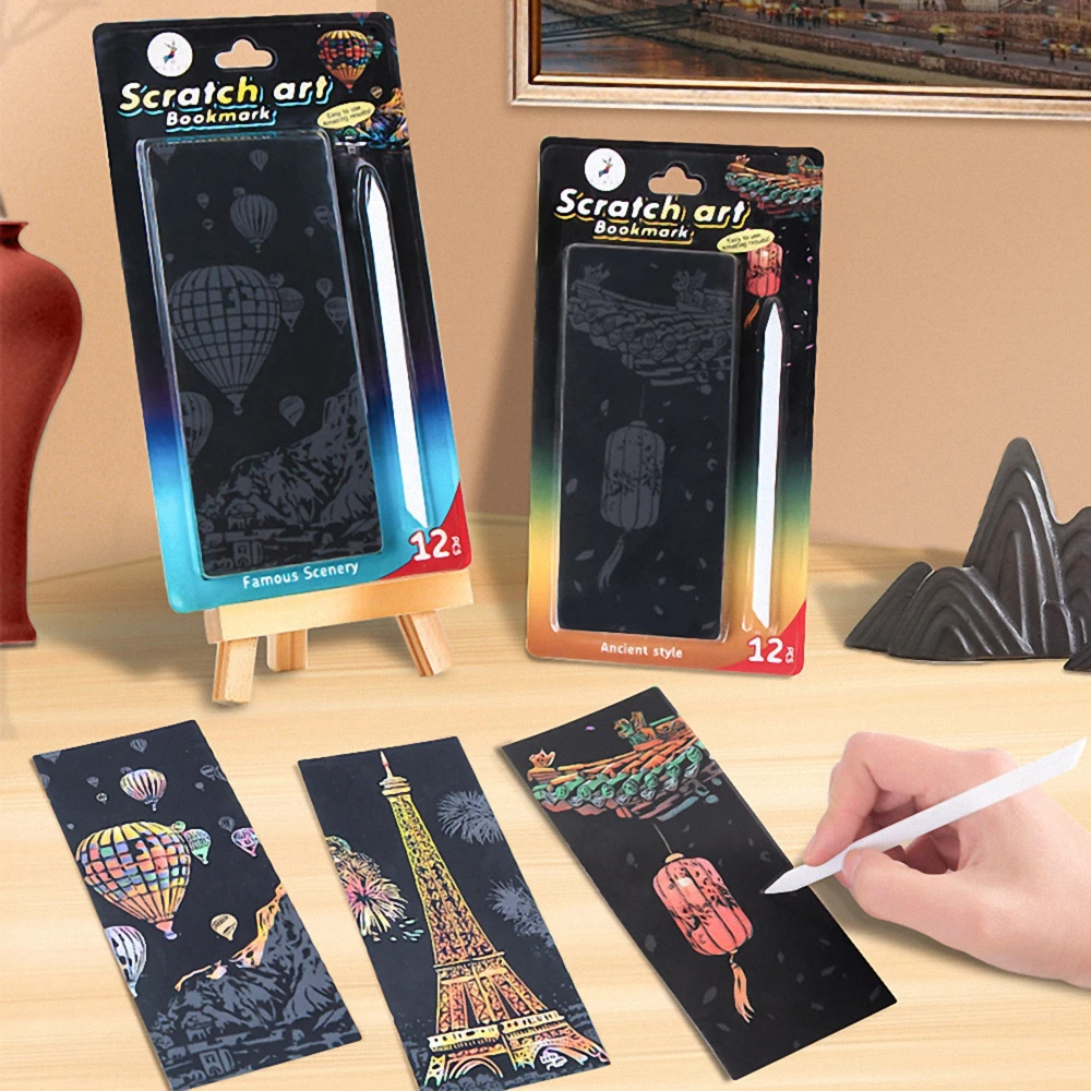 12PCS Scratch Art Bookmark Famous Scenery Picture Ancient Style scratch-off Print World Famous City Night Scene Scratch Painting