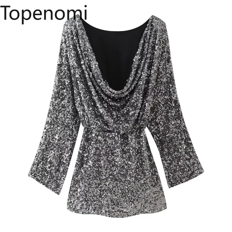 Topenomi American Fashion Sequin Short Dress Women 2025 Spring O-Neck Long Sleeve Waist Backless Evening Party Dresses Vestidos