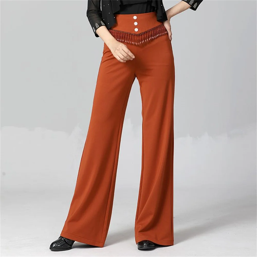Women's high-waisted Latin dance performance pants Girls Belt beading Cha-cha, Rumba Latin wide leg pants rose color Trousers