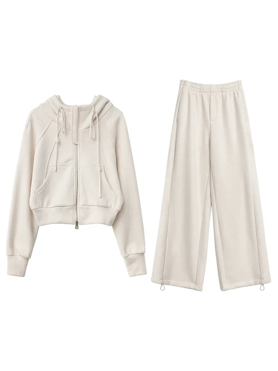 CHIC VEN Women Pant Sets Solid Loose Hooded Fleece Sweatshirt Female Jacket Wide Leg Sweatpants Set For Girl Autumn Winter 2024