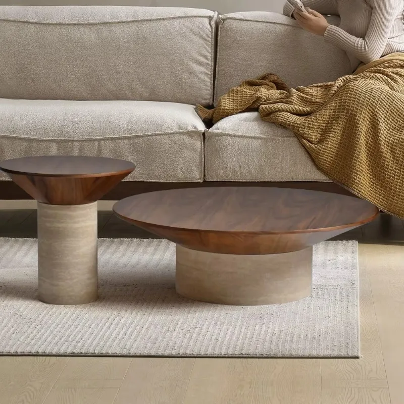 

Contemporary round living room furniture limestone solid wood desktop marble travertine coffee table