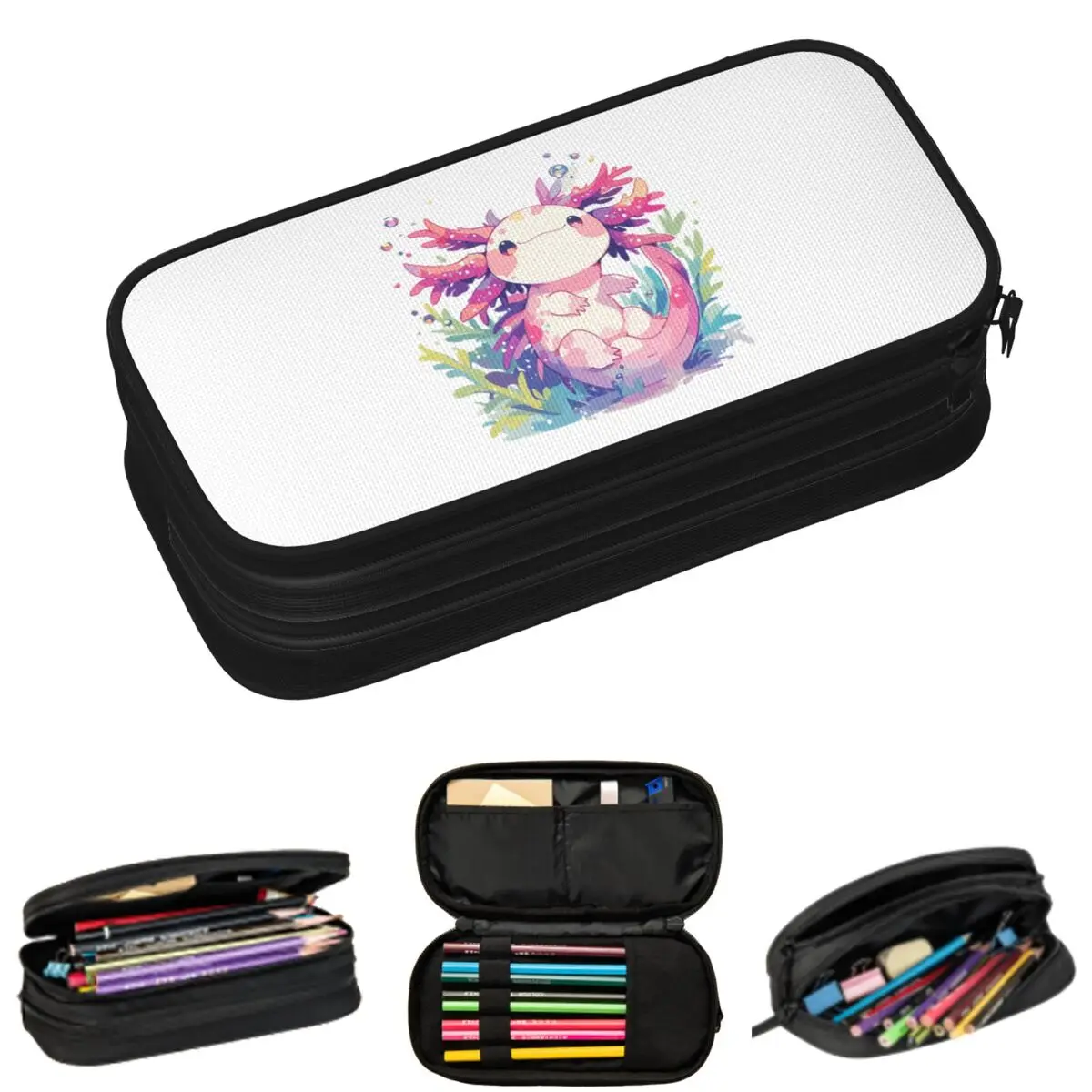 

Cartoon Pink Salamander And Pink Flowers Pencil Cases for Students Gifts Pen Box Pencil Bag Big Capacity Pencil Pouch