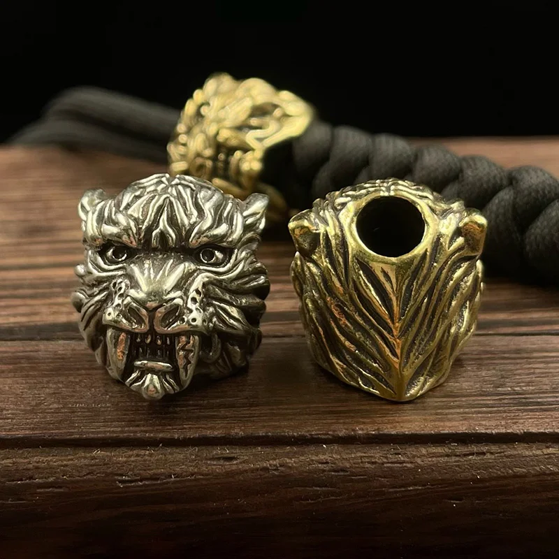 Brass Saber-toothed Tiger Head Knife Beads Outdoor EDC Paracord Pendant DIY Umbrella Rope Bracelets Accessories Lanyard Hangings